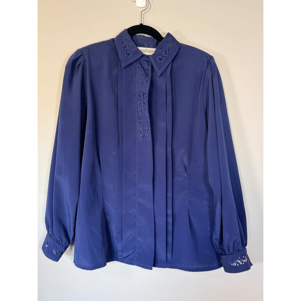Yves St. Clair Blue Eyelet Cutout Long Sleeve Blouse Size 12 Vintage